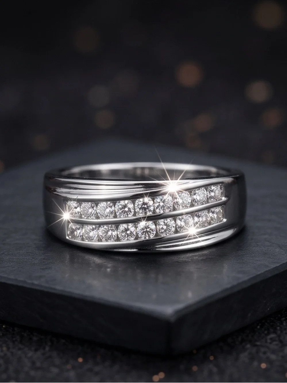 Men's Double-Row Diamond Band in 925 Silver Moissanite 1.5 CTW